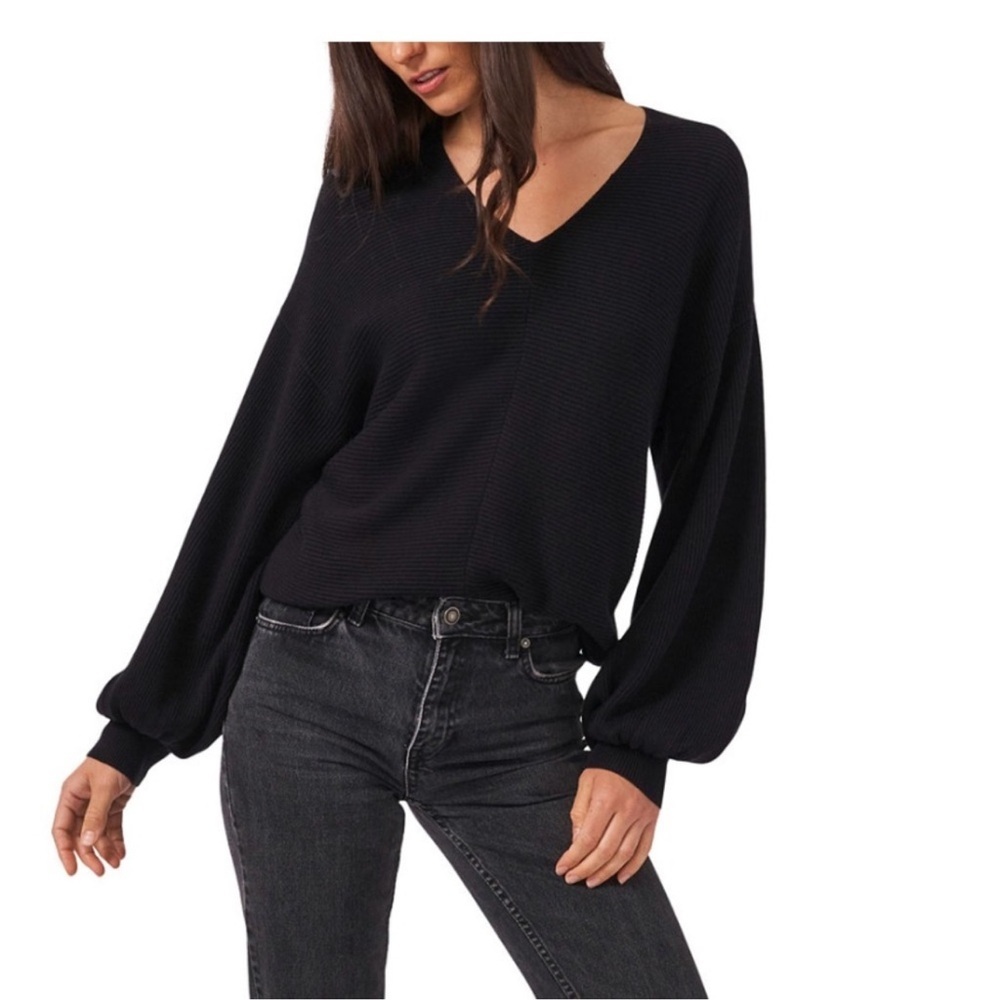 1.STATE Women's Ribbed V-Neck Puff Sleeve Sweater Black